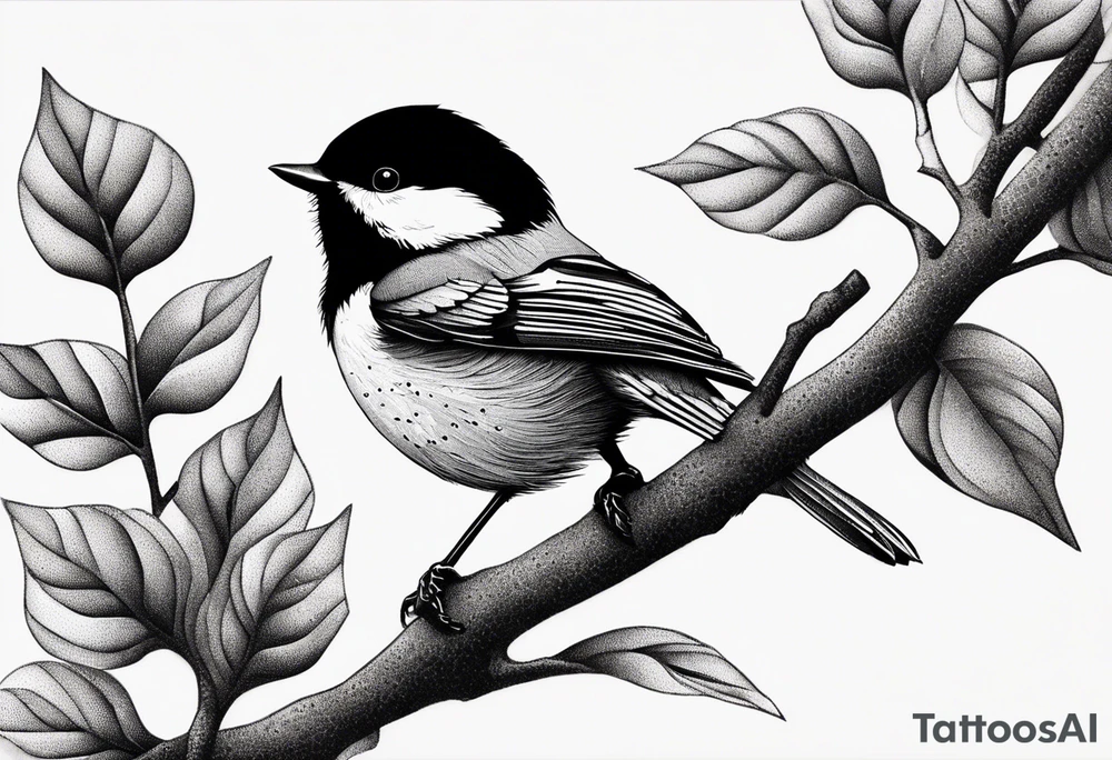 Illustrate a tattoo of a chickadee perched on a twig, focusing on clean lines and minimal detail for an understated design tattoo idea