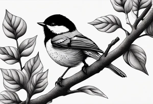 Illustrate a tattoo of a chickadee perched on a twig, focusing on clean lines and minimal detail for an understated design tattoo idea