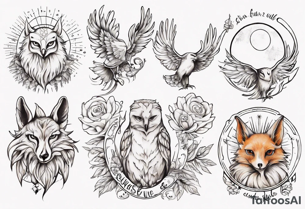 Fuchs und Eule unter der Sonne mit dem Schriftzug Sapere Aude tattoo idea