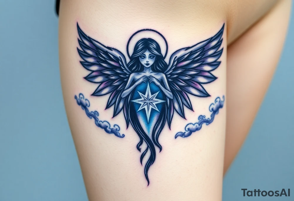 A celestial seletal angel figure  with dark wings and a radiant star in the center of its chest, surrounded by clouds of dark blue and deep purple. tattoo idea
