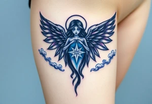 A celestial seletal angel figure  with dark wings and a radiant star in the center of its chest, surrounded by clouds of dark blue and deep purple. tattoo idea