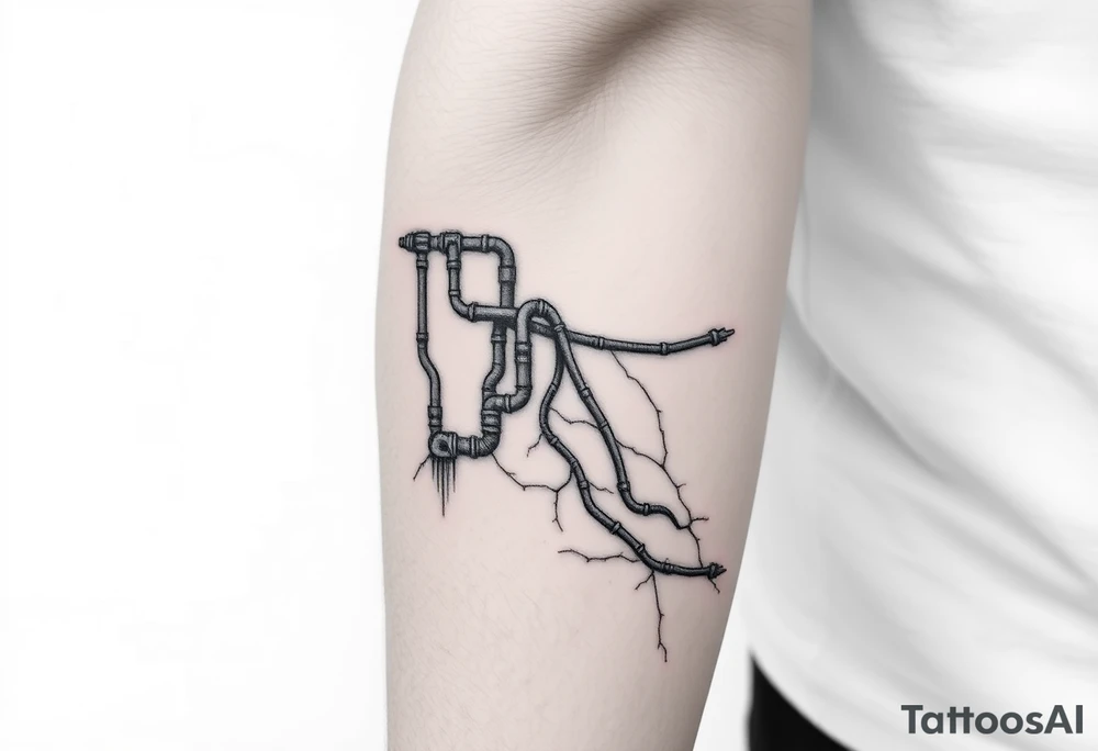 long
System of pipes that transitions into veins of forearm tattoo idea