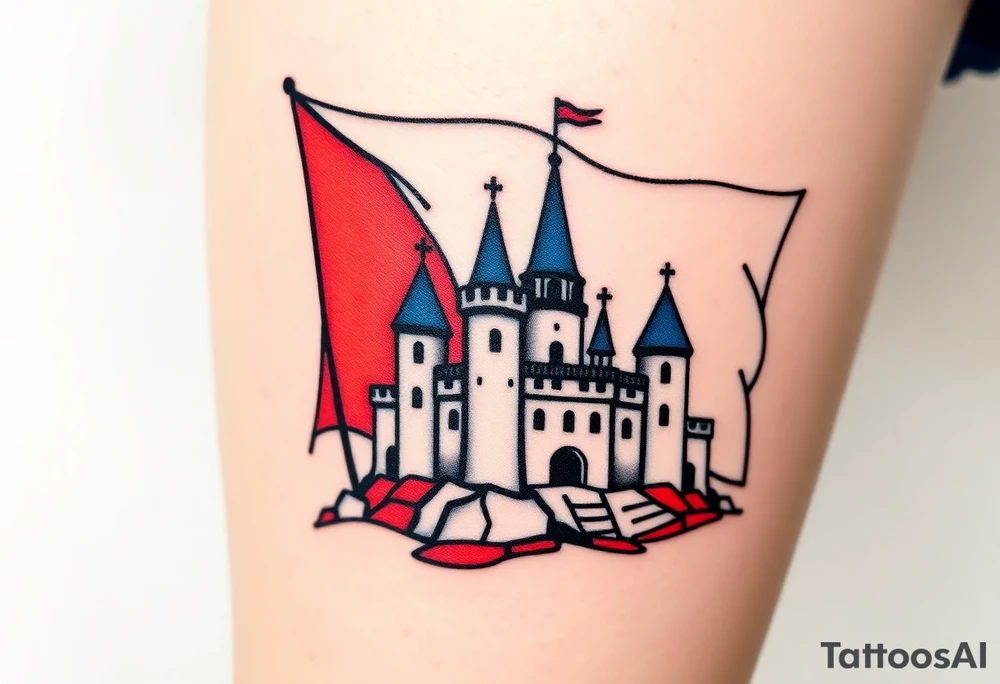 A Czech flag (blue, white up, red down) waving behind a medieval castle tattoo idea