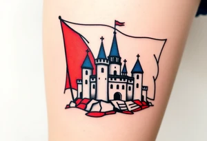 A Czech flag (blue, white up, red down) waving behind a medieval castle tattoo idea