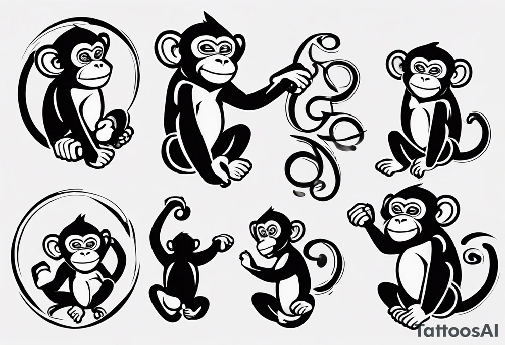 Create an abstract happy monkey body icon shape on a small disconnected circle where the monkey is just a shape no face tattoo idea