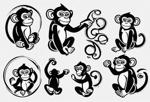 Create an abstract happy monkey body icon shape on a small disconnected circle where the monkey is just a shape no face tattoo idea