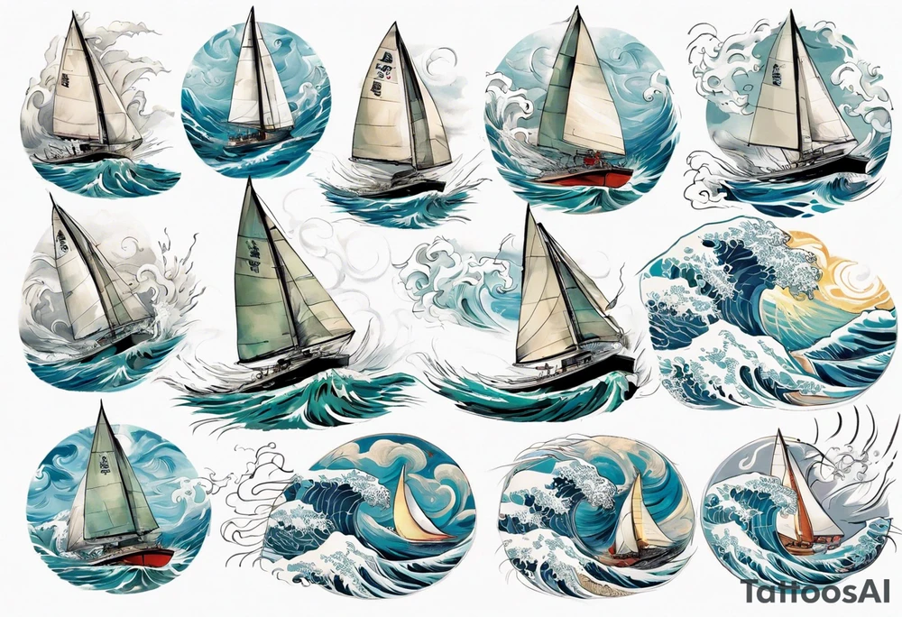 Sailing Catamaran in Rough weather and waves tattoo idea