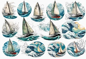 Sailing Catamaran in Rough weather and waves tattoo idea