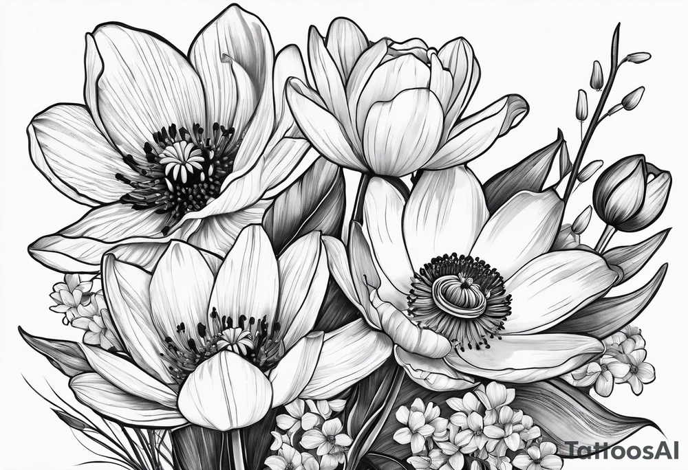 Poppy, water lily, Lily of the valley, daffodil, cosmo flower bouquet, portrait style tattoo idea