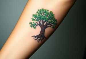 A majestic oak tree with deep brown roots and lush green leaves, symbolizing strength, stability, and family heritage tattoo idea