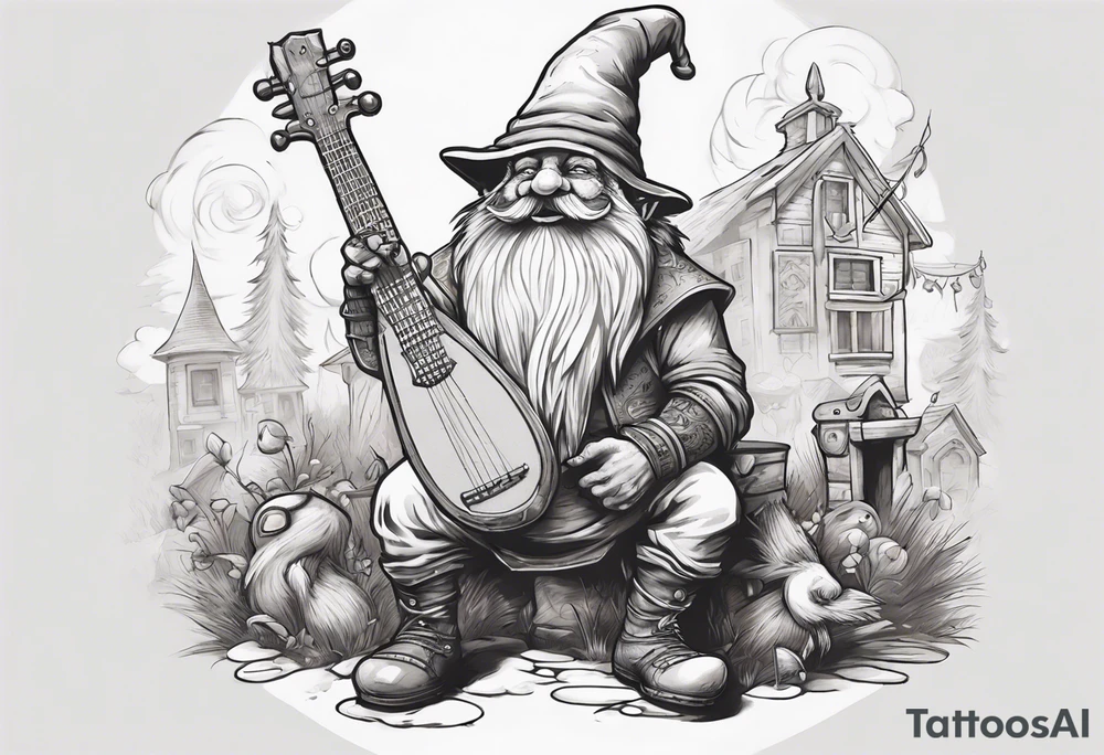 a 4 foot moss green deep gnome with muttonchops with a lute serenating a crowd in a small town square tattoo idea