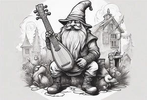 a 4 foot moss green deep gnome with muttonchops with a lute serenating a crowd in a small town square tattoo idea