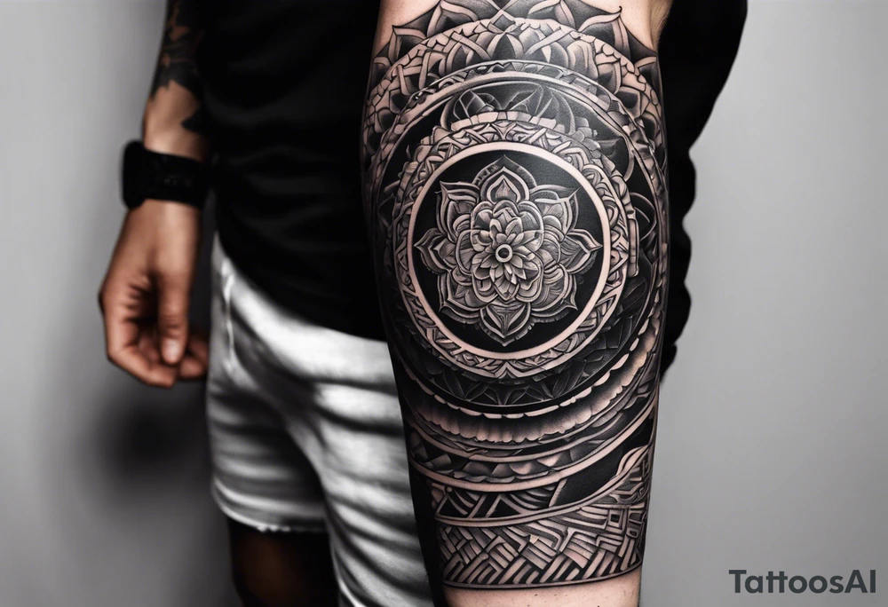 A tattoo sleeve that is based around greek mythology. Masculine with dark shading and contrast, ordered mandala effect tattoo idea