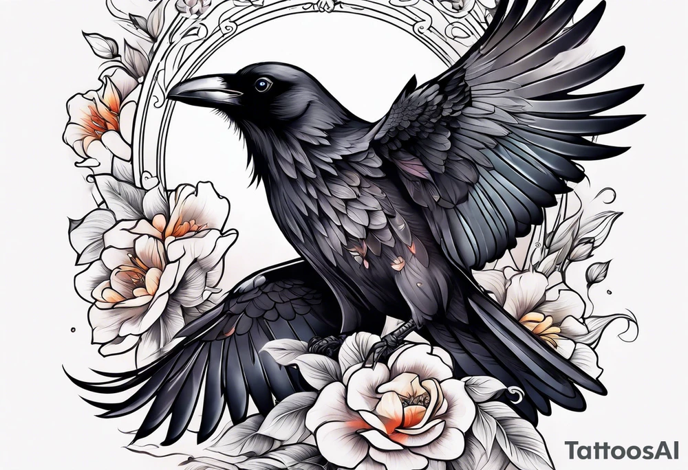 crow and flowers half sleeve tattoo idea