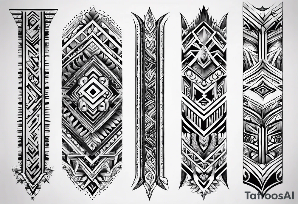 Simple vertical line work with tribal elements (for the bicep area) tattoo idea