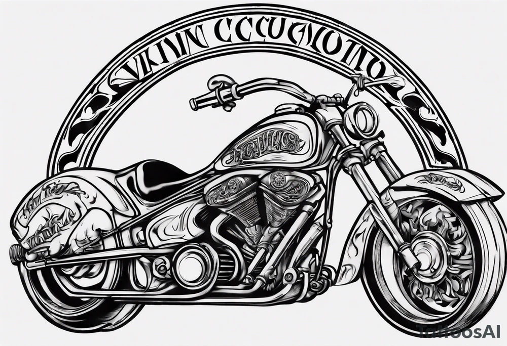 I want a detailed tattoo of a motorcycle surrounded by flames with the company name “Viking Customs” incorporated in the design tattoo idea