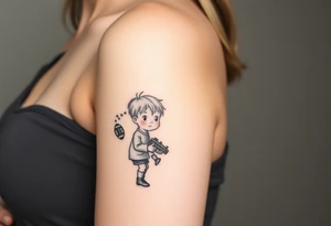 two small boys with their mother behind them a small train toy and a small football toy. tattoo idea