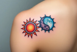 Matching sun and moon tattoos for father and kid in warm orange and cool blue signify balance and harmony between father and kids. tattoo idea