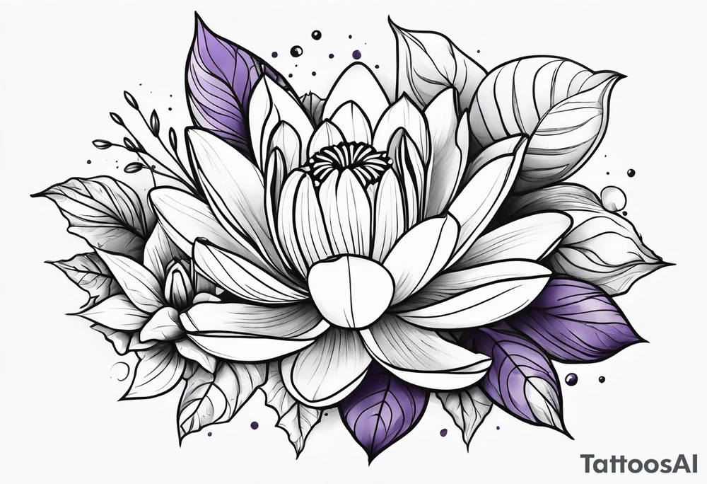 flower bouquet with 1 violet, 1 water lilly, and 1 holly tattoo idea