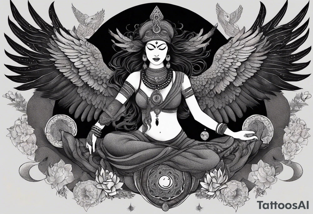 black kali, goddess pirate, alien, angel, pachamama, valkrye, warrior, flying, skull, lotus azul, wing, eagle, zenza resonance, stars, 5D, anahata chakra, death, durga, riding on a tiger, flying lady, kundalini, chest tatoo, samuri, rebel,serpent tattoo idea