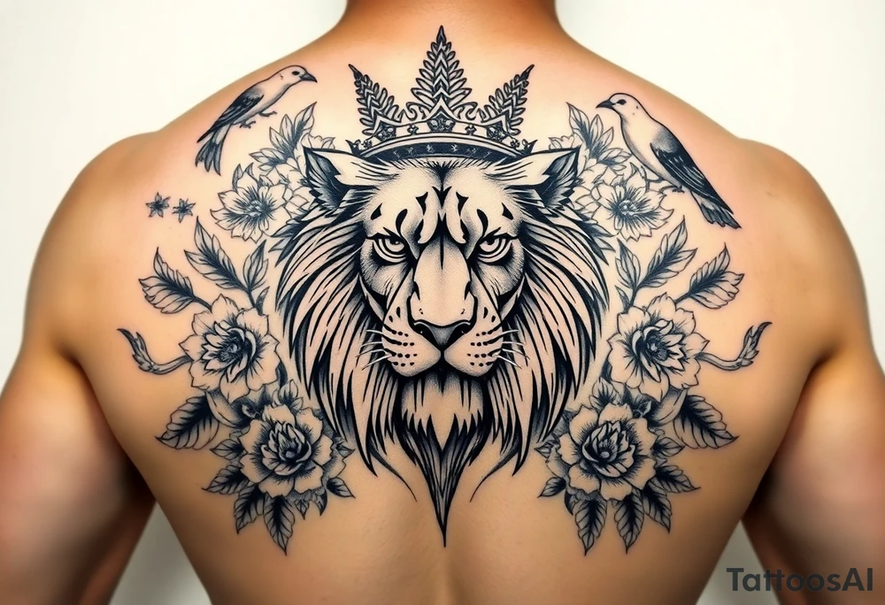 powerful majestic lion with a crown, surrounded by floral ornaments and birds tattoo idea