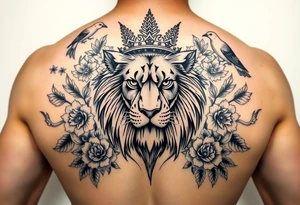 powerful majestic lion with a crown, surrounded by floral ornaments and birds tattoo idea