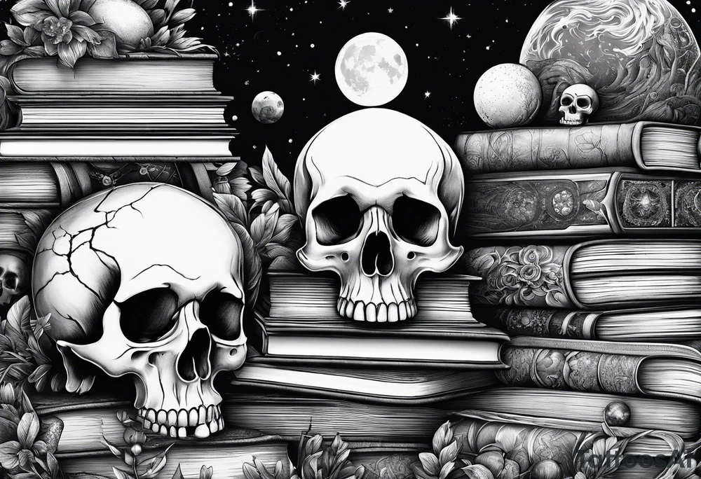 book stacks with skulls and outer space tattoo idea