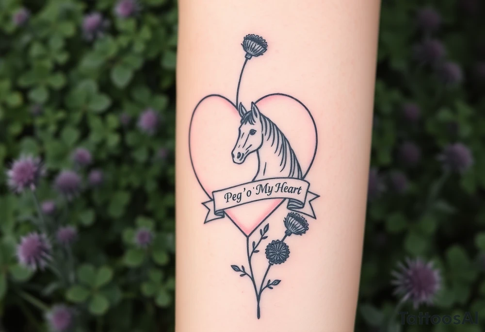 a big pale pink heart in a huge patch of green shamrocks, and purple thistles, and a horse with a banner across the heart that says Peg 'o My Heart tattoo idea