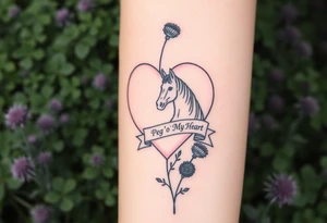 a big pale pink heart in a huge patch of green shamrocks, and purple thistles, and a horse with a banner across the heart that says Peg 'o My Heart tattoo idea