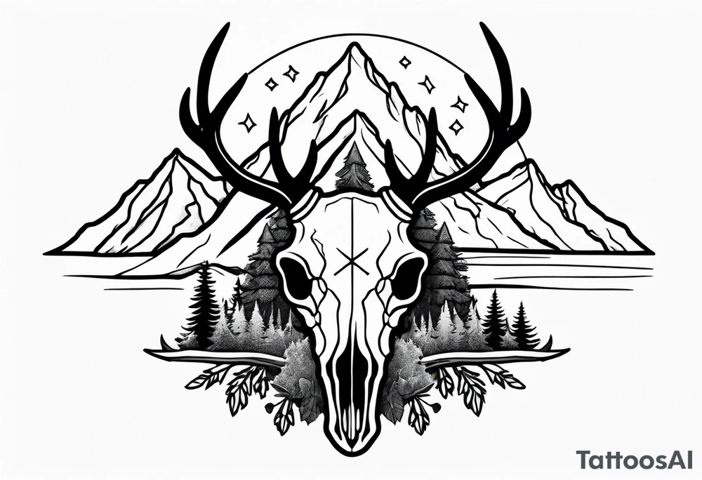 elk skull with mountains and trees tattoo idea