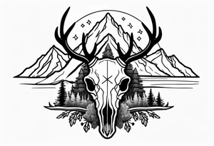 elk skull with mountains and trees tattoo idea