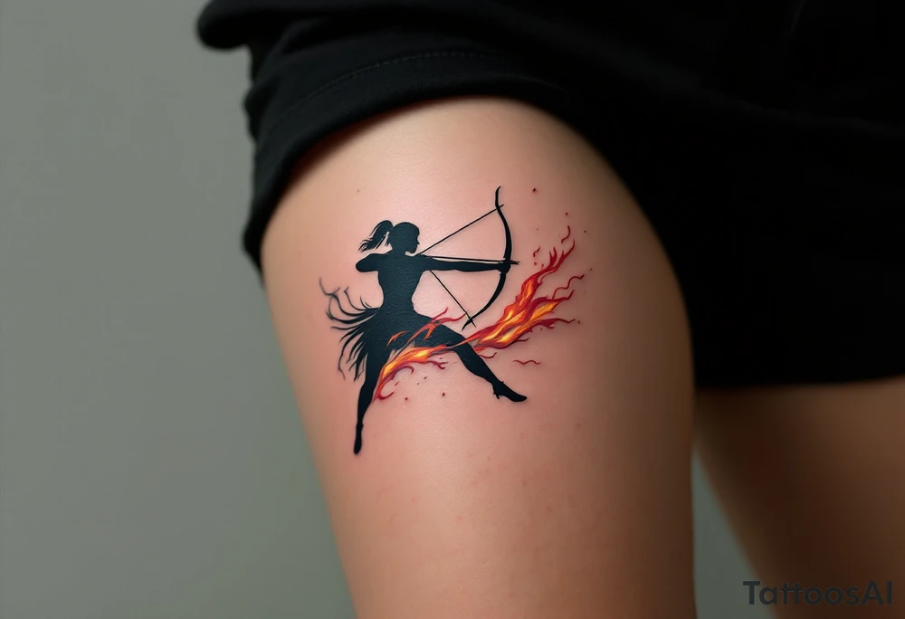 A tattoo of a fiery archer, with flames coming from the tip of the arrow. The flames are shown in vivid red, orange, and yellow, representing the fire element of Sagittarius. The archer’s silhouette is shaded in dark grey, giving it a sleek and modern look, while the flames add vibrant contrast. tattoo idea