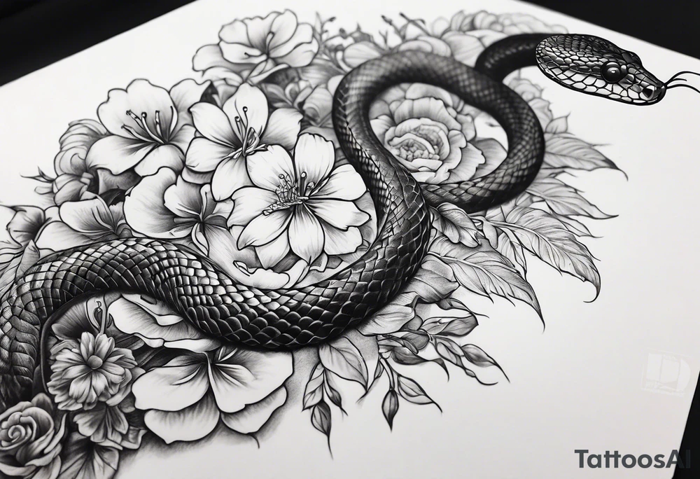 Japanese forearm snake and flower sleeve stencil tattoo idea
