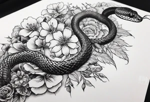 Japanese forearm snake and flower sleeve stencil tattoo idea