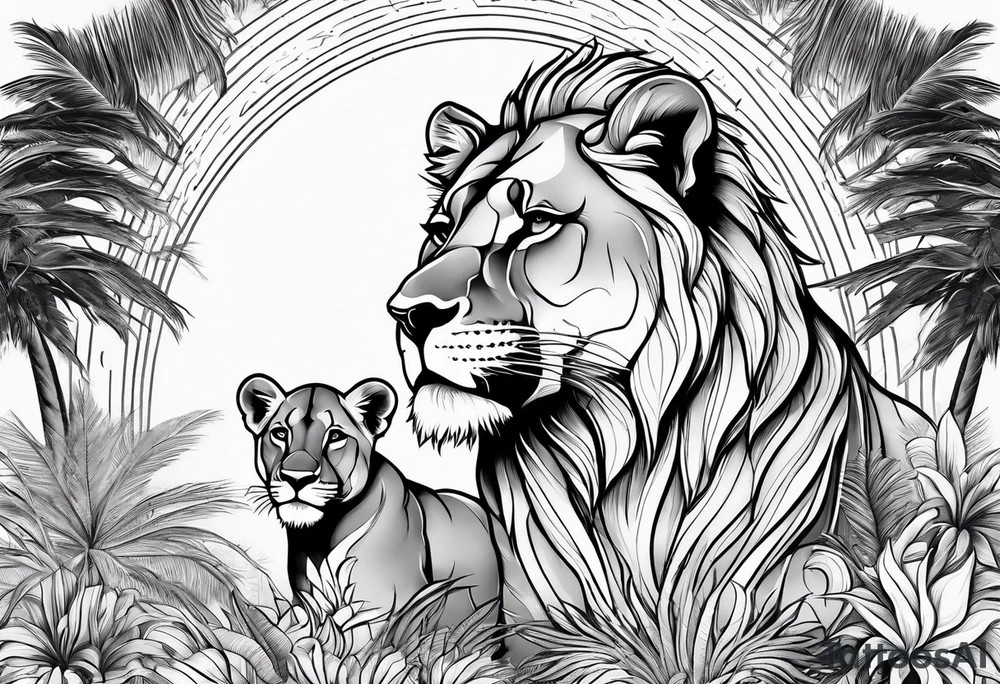 lioness and cub sun palm tree tattoo idea
