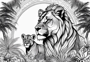 lioness and cub sun palm tree tattoo idea