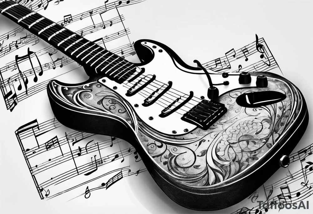 Electric guitar fading into sheet music tattoo idea
