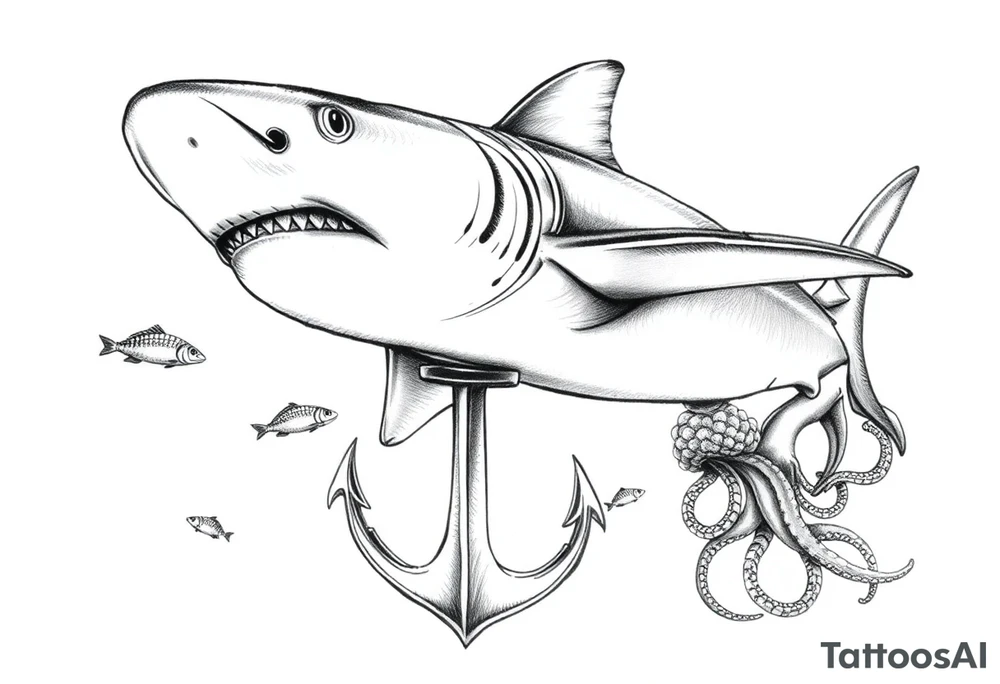 a hammerhead shark under it an anchor,fishes,jellyfisches,octopus. tattoo idea