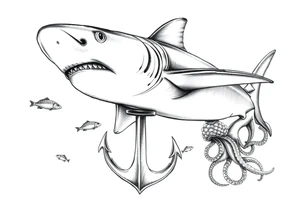 a hammerhead shark under it an anchor,fishes,jellyfisches,octopus. tattoo idea