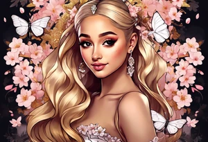 Ariana Grande with blonde hair surrounded in a golden aura with cherry blossoms and white butterflies with a key that unlocks a heart tattoo idea