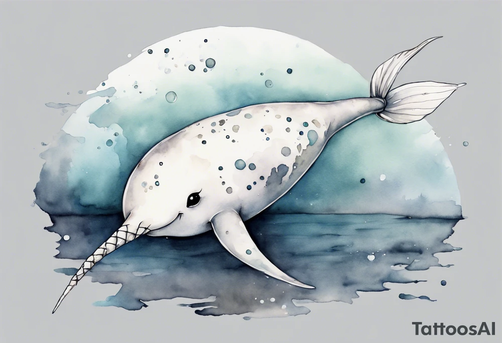 a melancholy watercolor painting of a realistic white narwhal swimming in a grey ocean tattoo idea