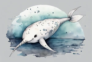 a melancholy watercolor painting of a realistic white narwhal swimming in a grey ocean tattoo idea
