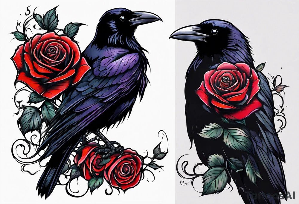 Raven facing forward with a rose underneath it tattoo idea