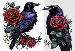 Raven facing forward with a rose underneath it tattoo idea