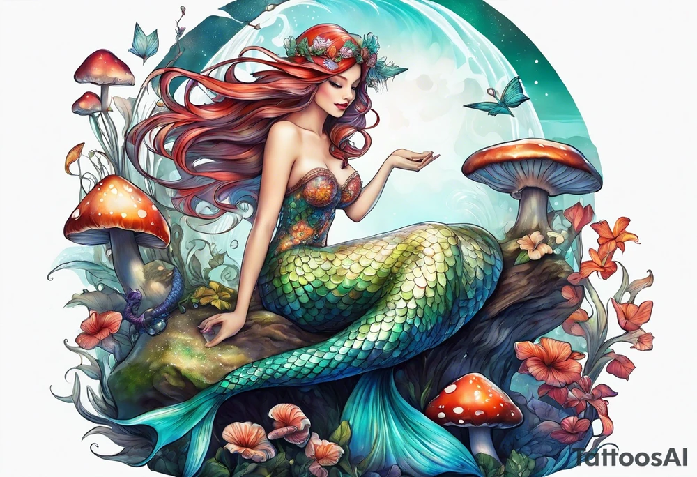 a mermaid sitting on a mushroom looking at a fairy flying tattoo idea