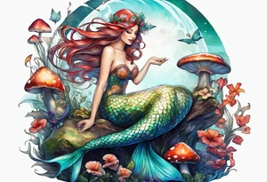 a mermaid sitting on a mushroom looking at a fairy flying tattoo idea