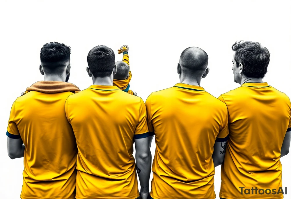 4 soccer fans from their backs, wearing yellow blue shirts. the second one from left having a kid on his shoulders, and he's rising a scarf.
the right one is older and shorter tattoo idea