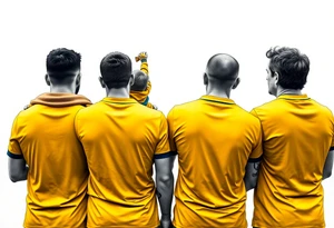 4 soccer fans from their backs, wearing yellow blue shirts. the second one from left having a kid on his shoulders, and he's rising a scarf.
the right one is older and shorter tattoo idea