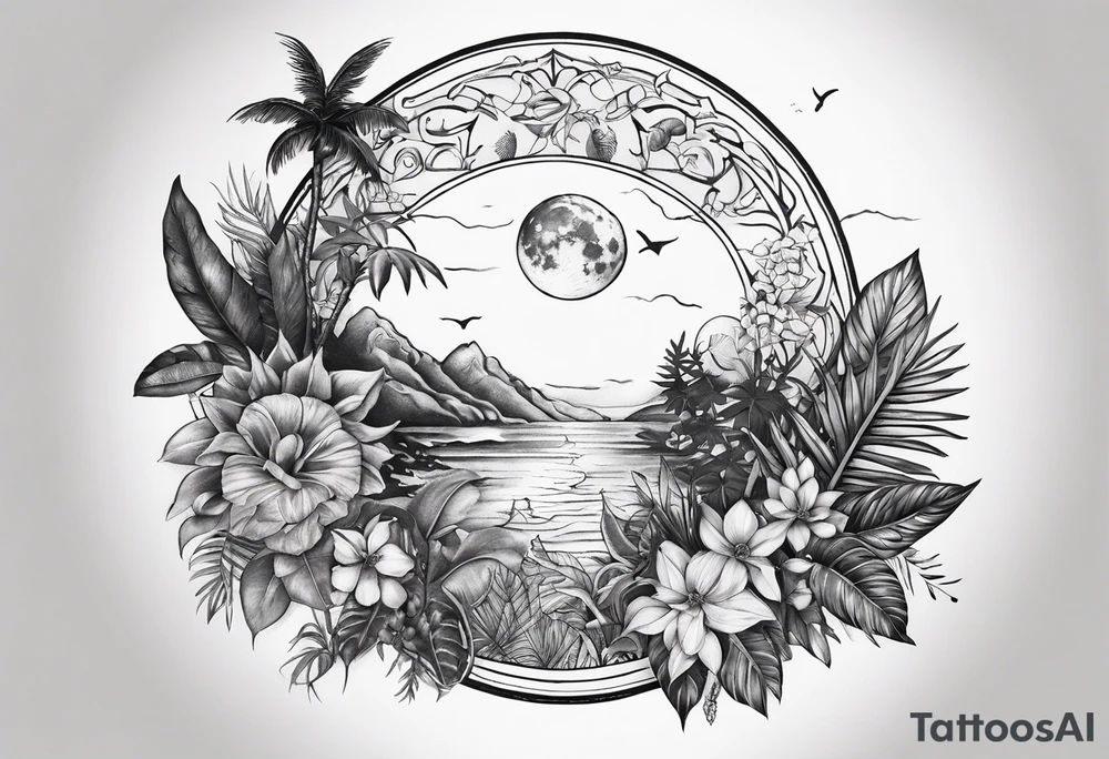 sleeve tattoo with jungle plants and Vegvisir, moon and beach tattoo idea