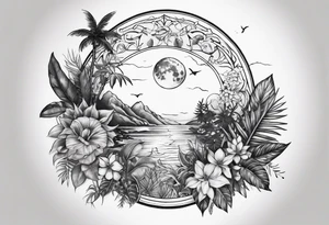 sleeve tattoo with jungle plants and Vegvisir, moon and beach tattoo idea